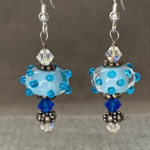 Turquoise Lamp-work bumpy glass Earrings dangle Swarovski Crystal